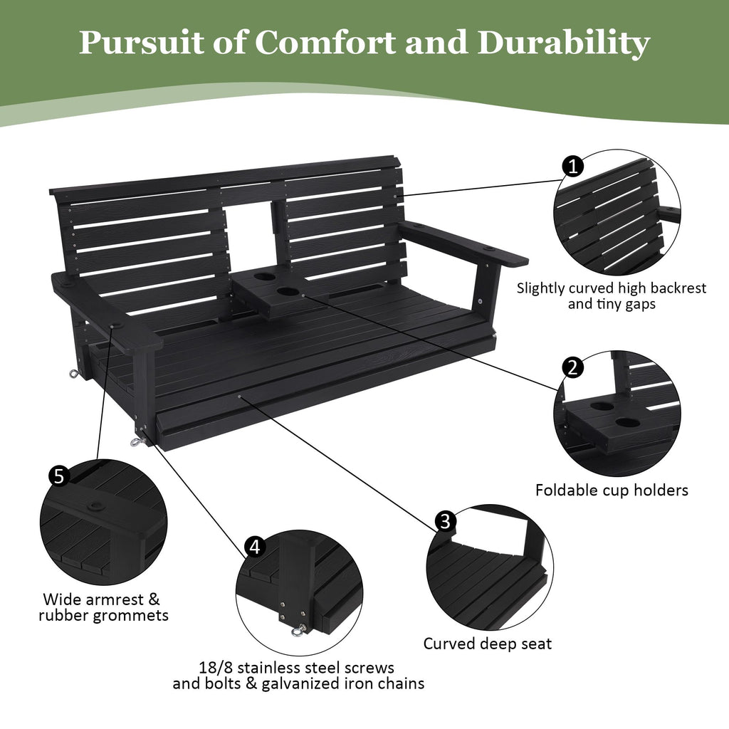 Poly Lumber 3-Seat Porch Swing, HIPS 5-Feet Bench Swing with Foldable Cup Holders, 18/8 Stainless Steel Hardware, High