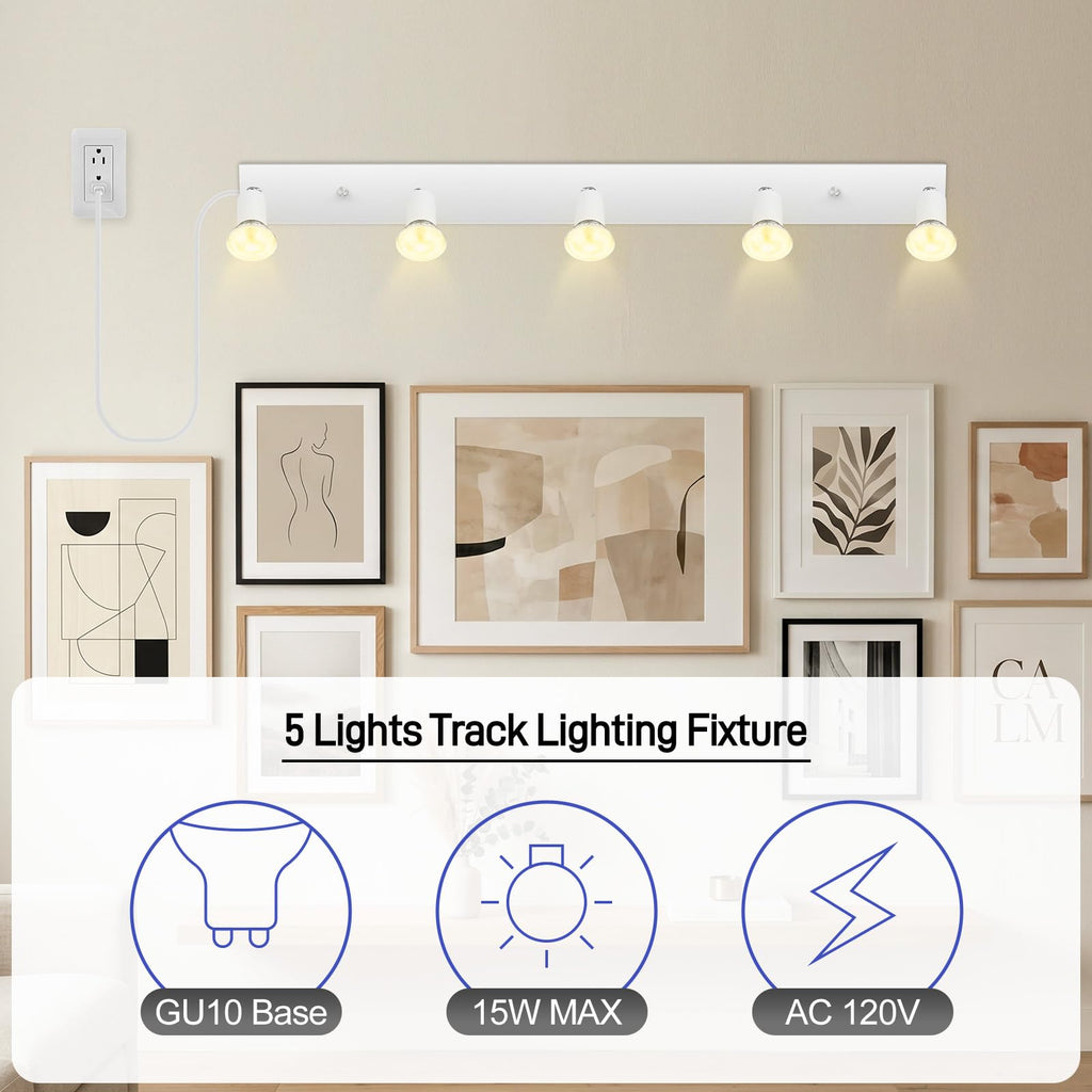 Plug in Track Light, White, 30", 5 Way GU10 Track Ceiling Lighting