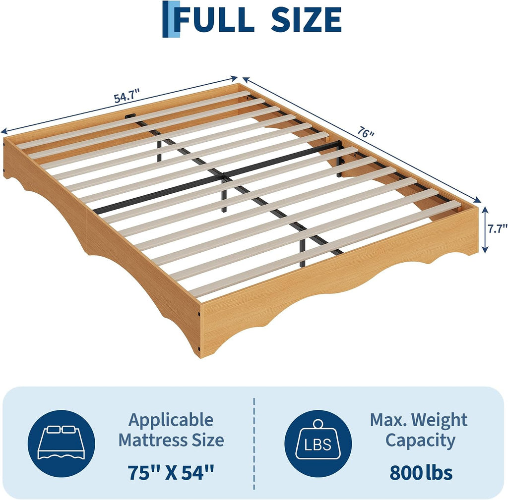 Japanese-Style Low-Profile Wood Platform Floor Bed Frame with Wave Edge, No Headboard, Solid Slat Support