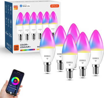 6 Pack E12 Smart Candelabra LED Light Bulbs, Color Changing Compatible with Google Alexa and Smart Life, 5W 40W