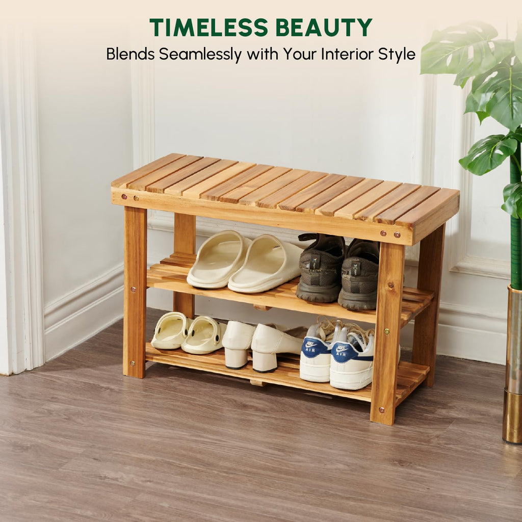 Acacia Wooden Shoe Rack Bench, 3-Tier, Natural
