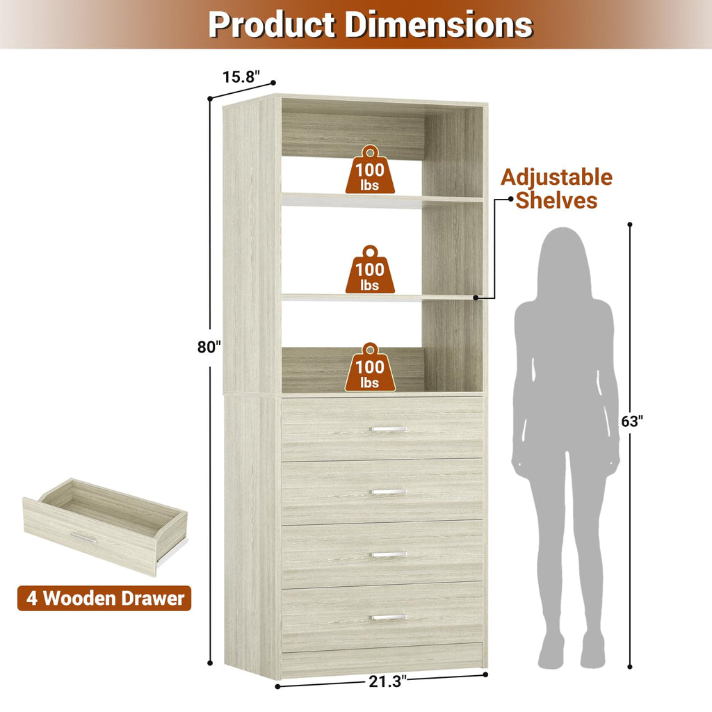 Closet Drawer System, 21.3" Wood Closet Organizer System,White Oak