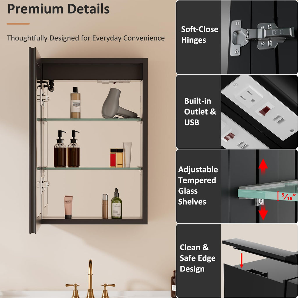 16 x 24 Inch Medicine Cabinet with LED Lights and Mirror, Recessed/Wall Mounted Bathroom Cabinet, 3-Color Light