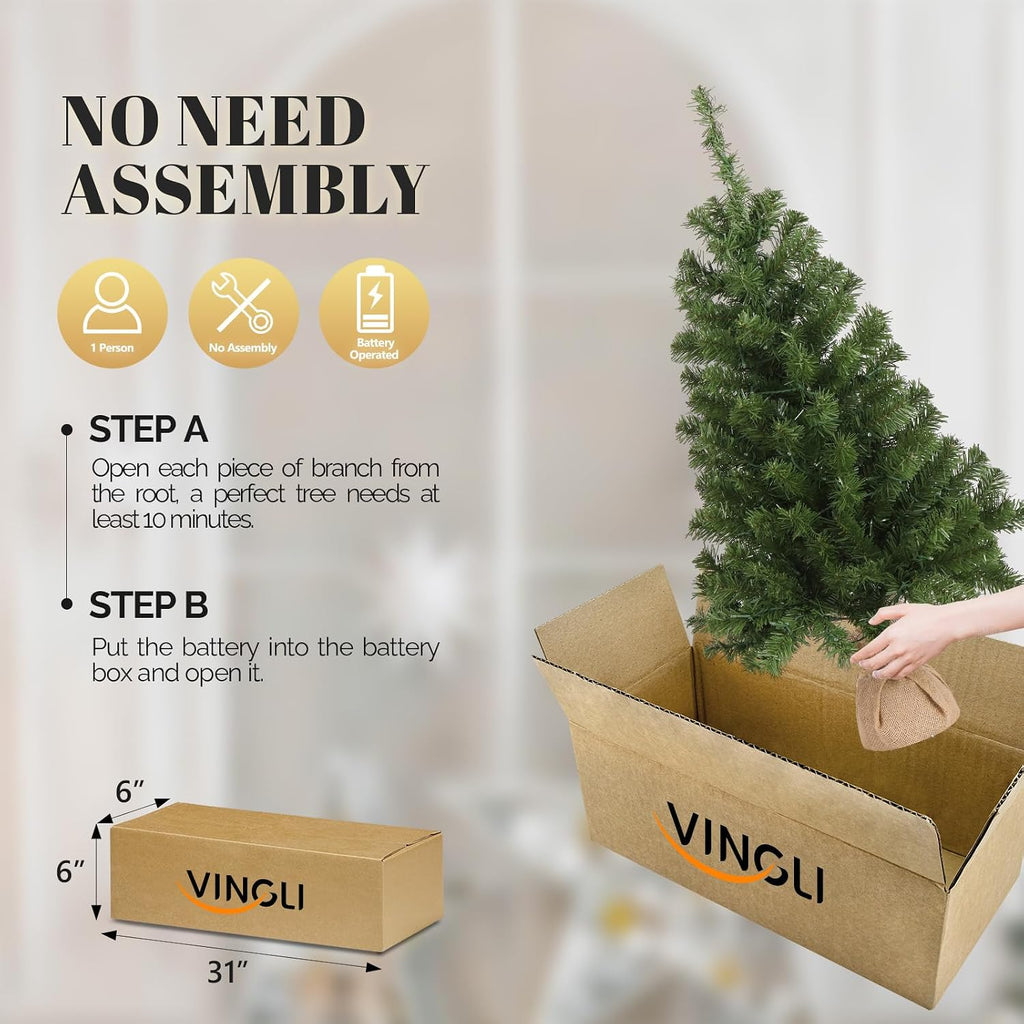 3ft Green Mini Artificial Christmas Tree with 150 Branches Tips, Pre-lit Design, Tabletop Xmas Tree for Christmas