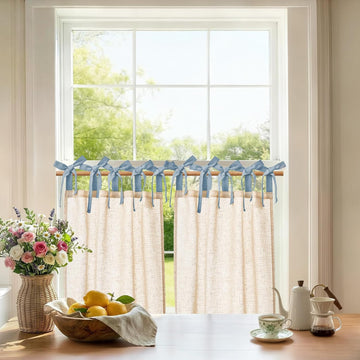 White Solid Linen Kitchen Tier Curtains 45 Inches Tie Top 2 Panles