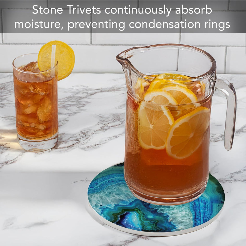 Faux Agate Decorative Heat Tolerant Ceramic Stone Trivet with Non-Skid Cork Backing 7" Round Artistic, Durable