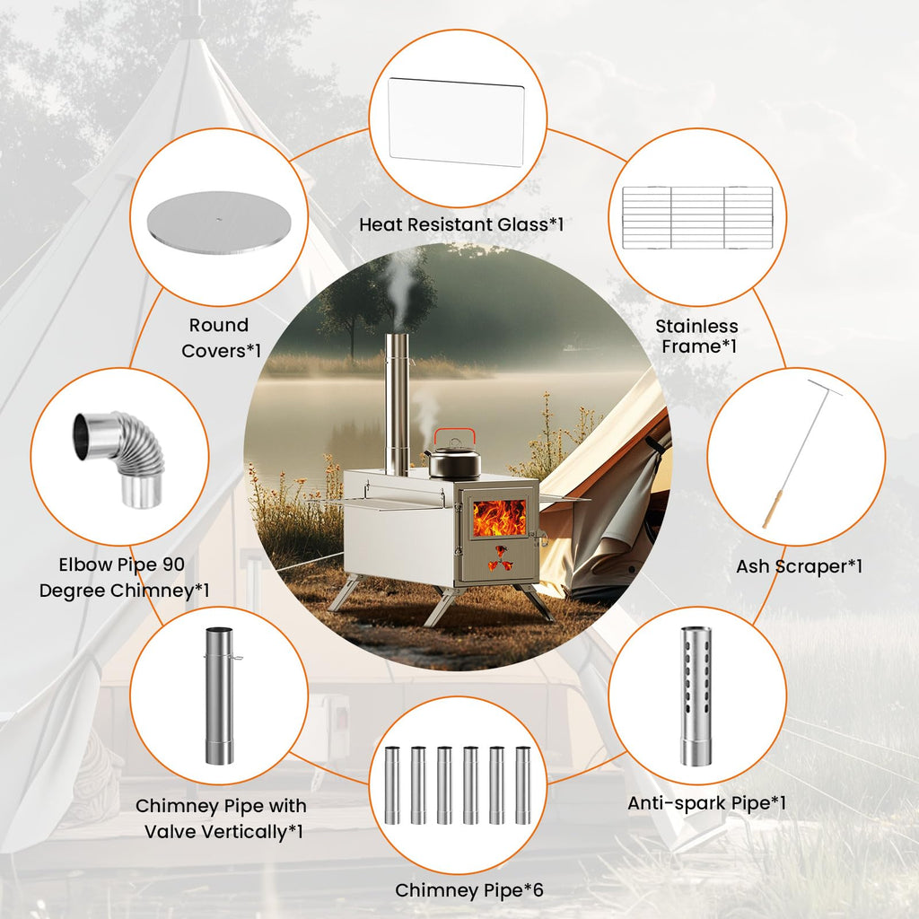 Wood Stove, Hot Tent Stove Camping Portable Stainless Steel Wood Burning Stove with 7 Chimney Pipes for Wall Tent