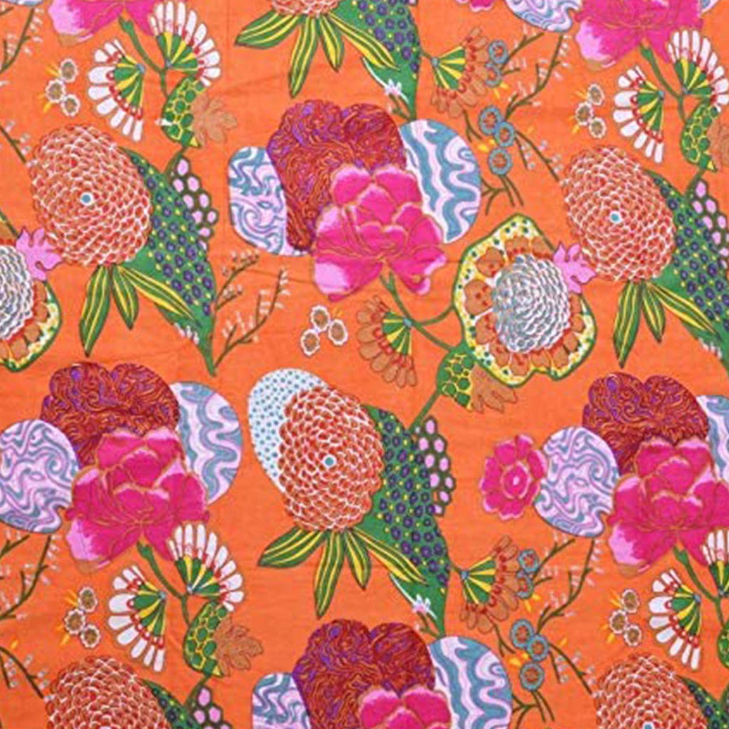 Indian Vintage Floral Print Cotton Fabric Dressmaking Materials Running Fabric by The Yard (Orange, 10 Yard)