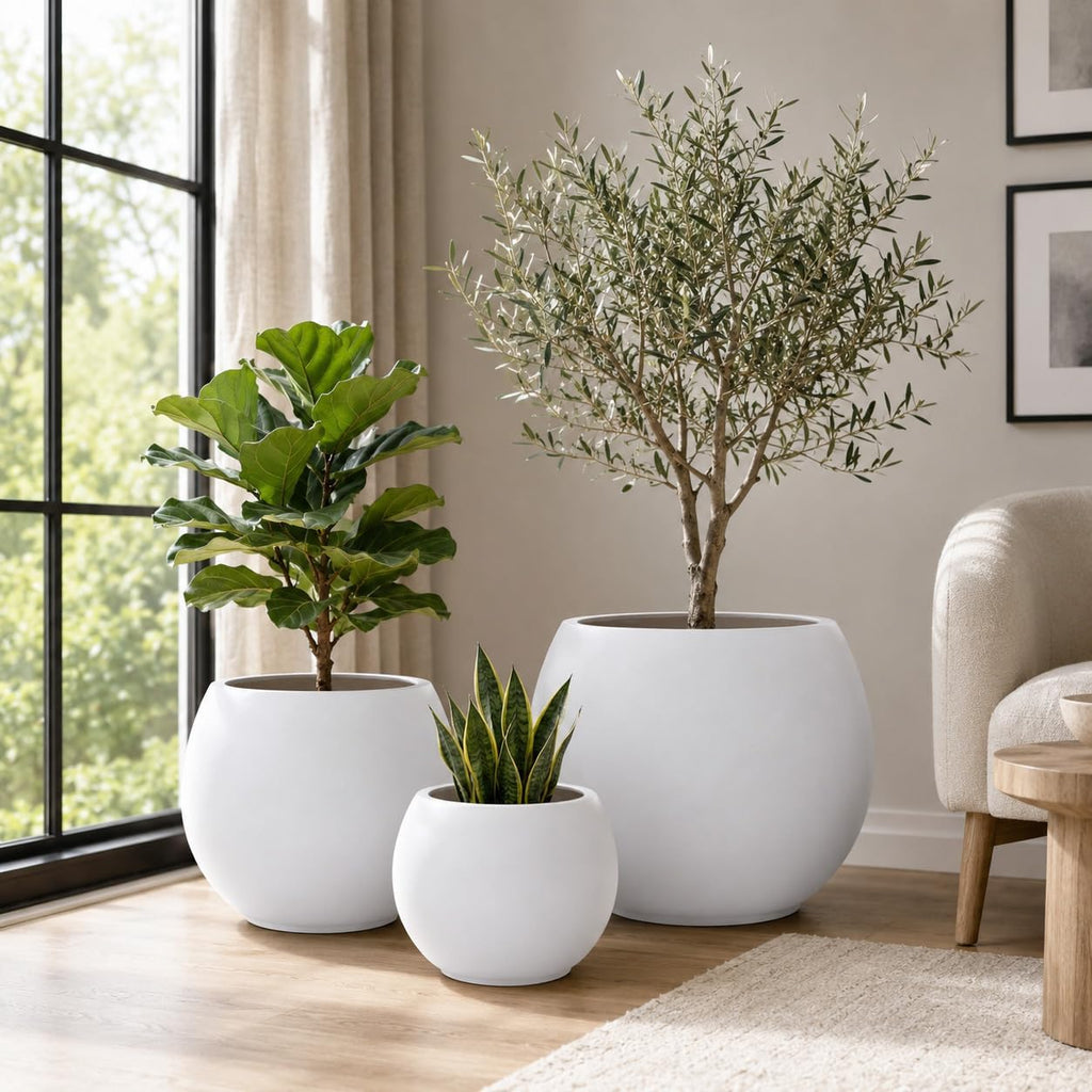 17" H x 21" Dia Round White Fiberstone Planter Pot with Drainage Hole, Extra Large Lightweight UV-Resistant Planter