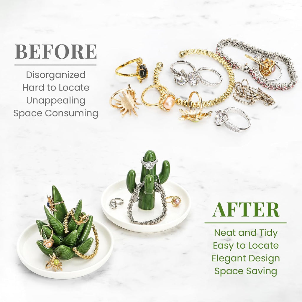 Ceramic Ring Holder Dish, Decorative Round Jewelry Display Trays, Aloe & Cactus Small Trinket Plate, Gift - Set of 2