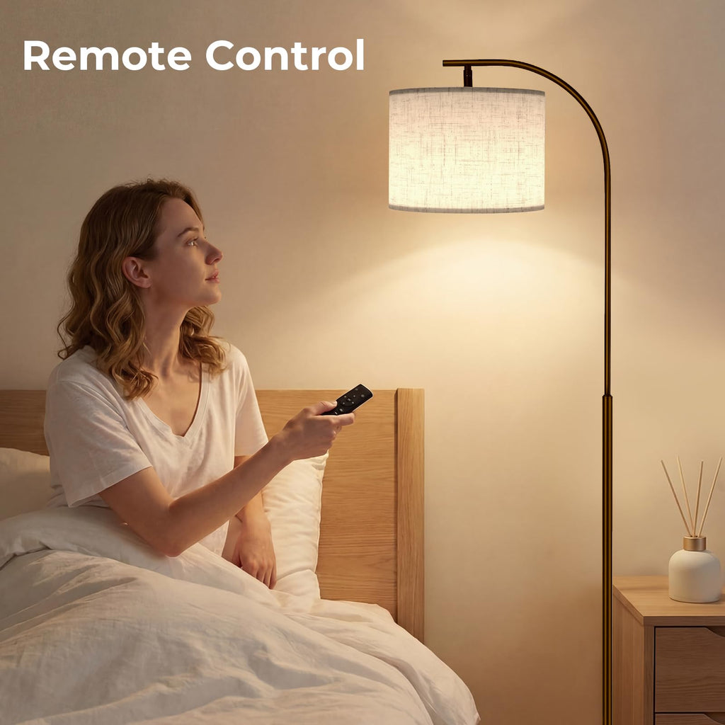 Floor Lamp with Linen Shade, Arc Dimmable Tall Standing Lamp with Remote Control, Modern Floor Reading Light Bedroom
