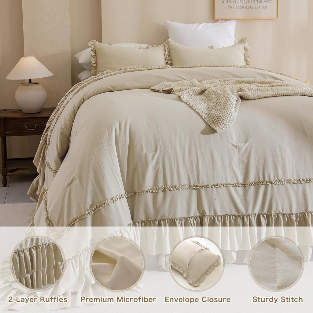 Wheat Oversized King Comforter Set 120x120, Farmhouse Ruffled Bedding Comforter French Country Shabby Vintage Bed