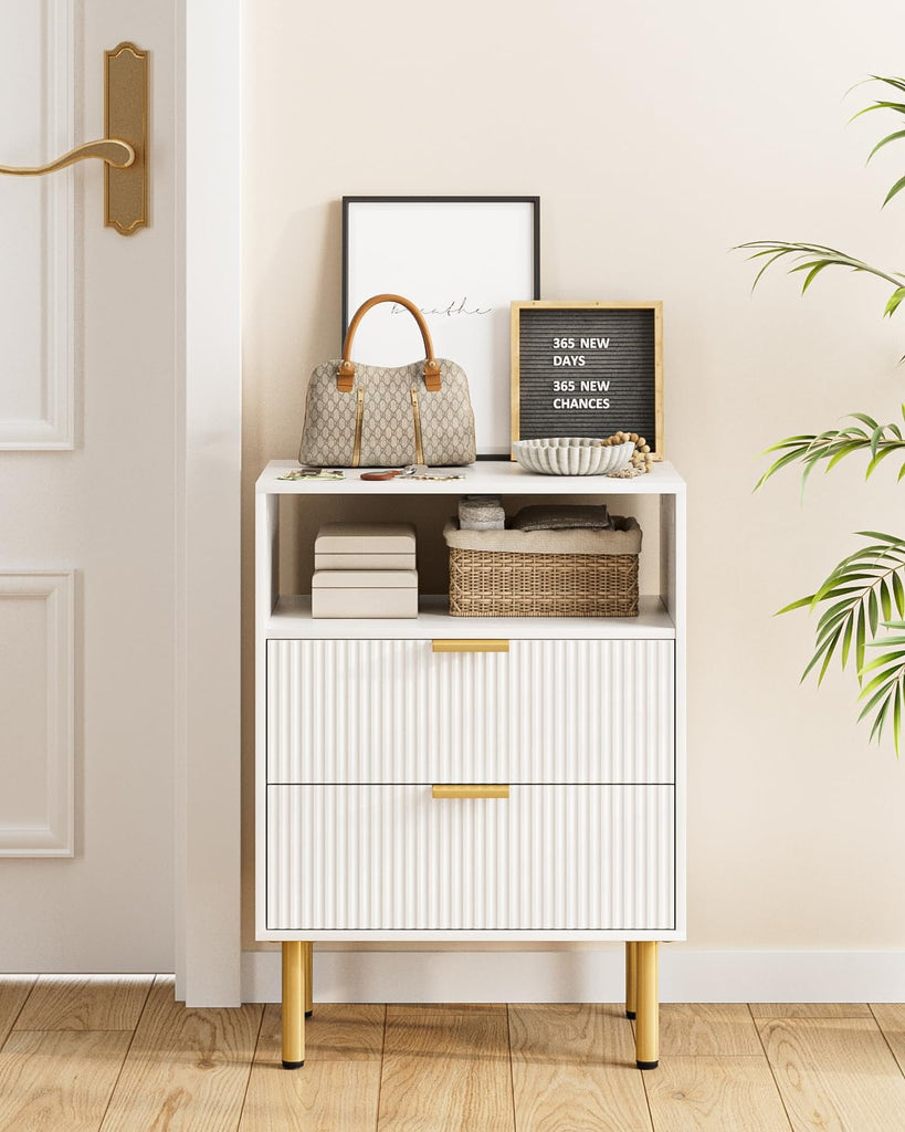 Night Stand, 25.7" H Bedside Table with 2-Drawer Shelf, Morden Nightstand with Gold Frame, Fluted Side Table with Gold