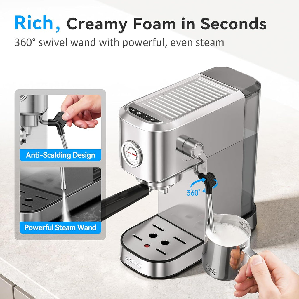 Espresso Machine with Milk Frother for Cappuccino & Latte | 20-Bar Pump, Built-in Pressure Gauge, Powerful Steam