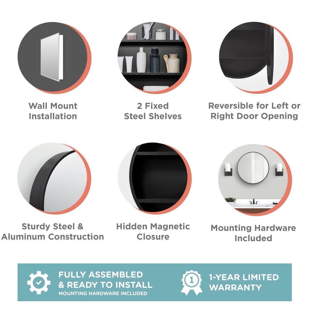 Bathroom Medicine Cabinet with Mirror, Round Bathroom Wall Cabinet with Rustproof Aluminum Frame, 2 Shelves, Surface