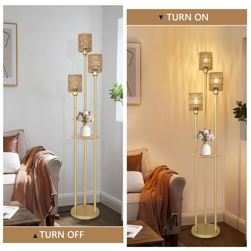 Boho Floor Lamp with Shelves, 3-Lights Farmhouse Tall Floor Lamp with ON/Off Foot Switch, Gold Modern Floor Lamps