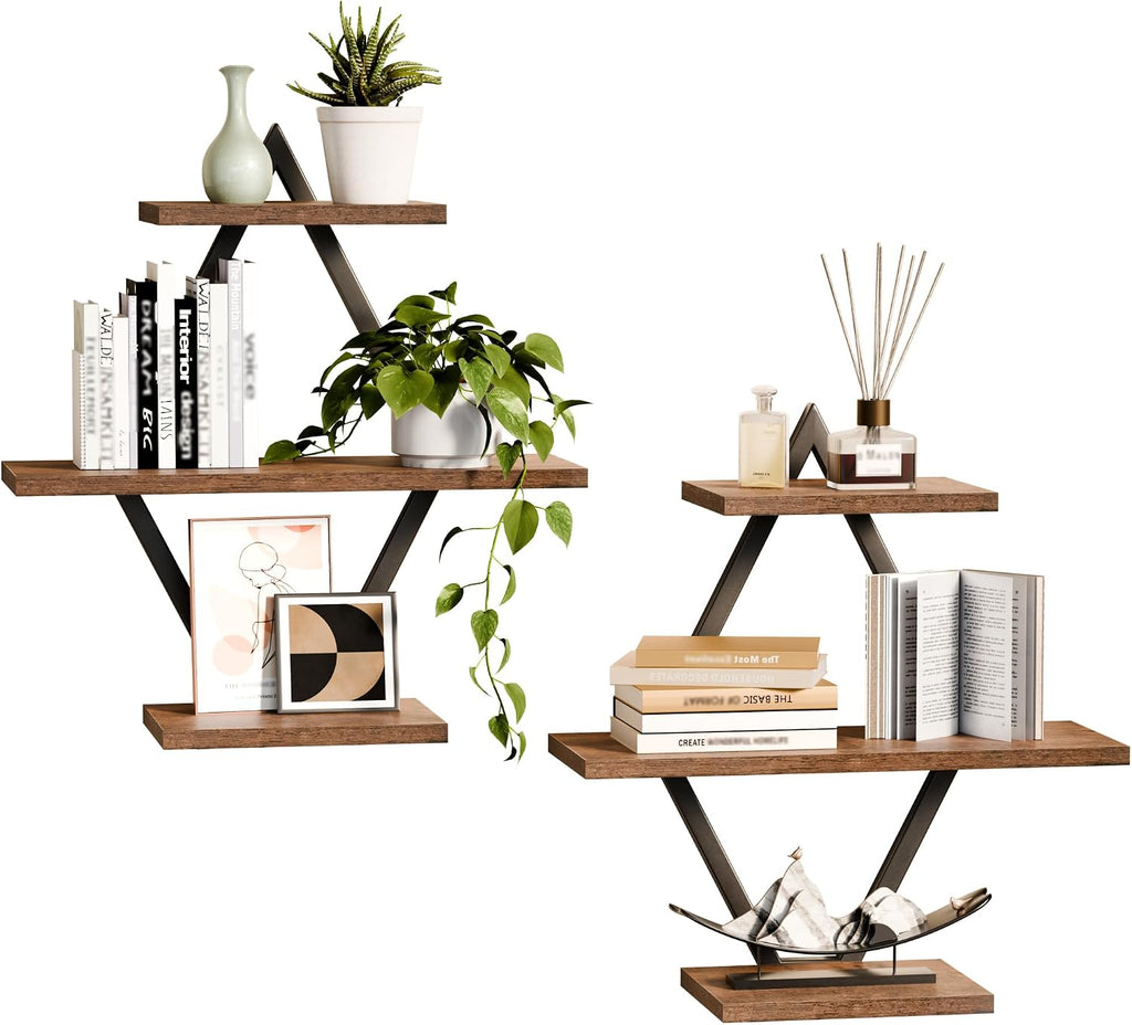 Floating Wall Shelves, Set of 2, Rustic Brown | 3-Tier Hanging, Wall Mounted, Sturdy & Durable