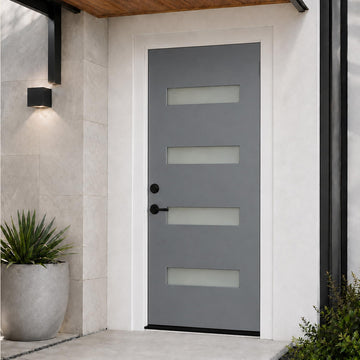 36 x 80 Slate Gray Fiberglass Front Entry Door, Woodgrain Texture, 4-Lite Frosted Low-E Glass, 4-9/16" Vinyl Frame &