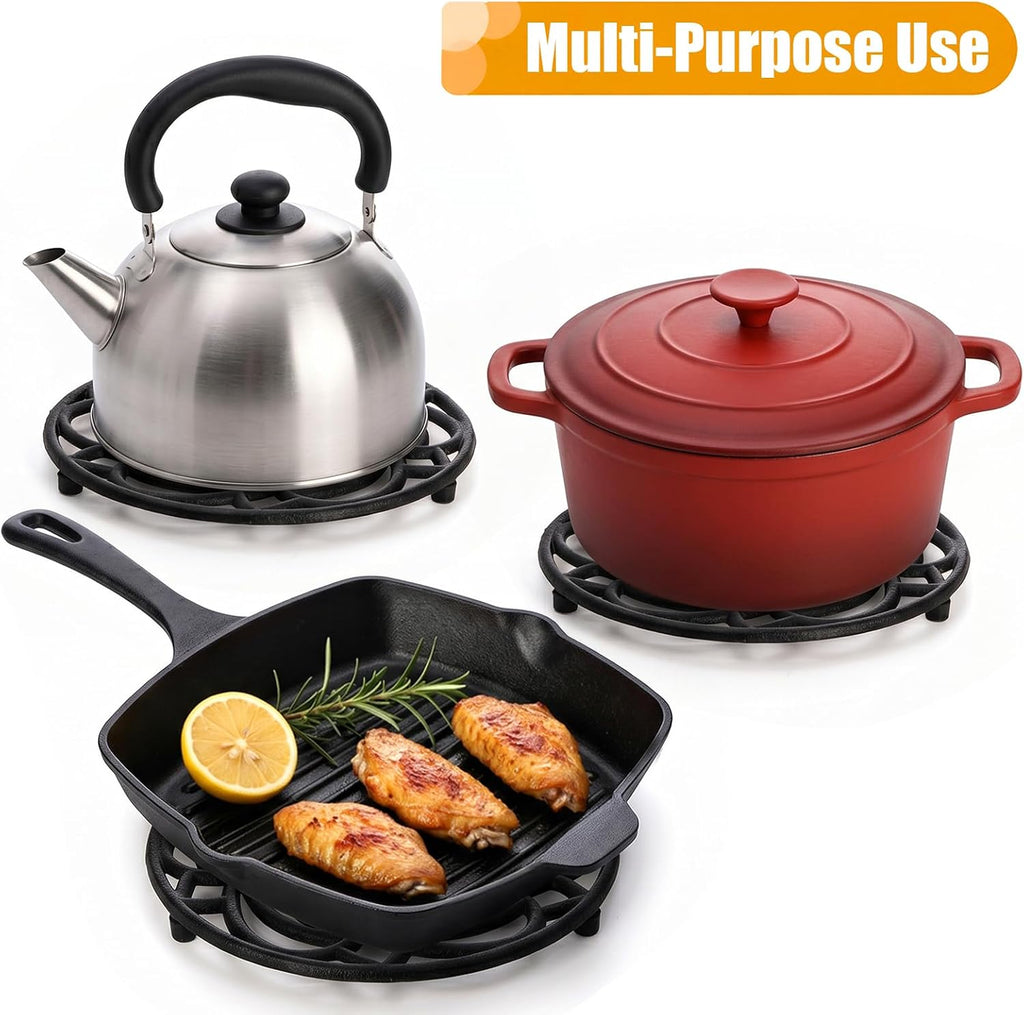 Cast Iron Trivets, 8 Inch Round Sunflower Hollow Out Heat Resistant Pot Holders, Rustproof Metal Hot Pads - Set of 2
