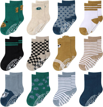 Organic Baby Boy Socks Set of Non-Slip Grip, Soft Cotton & Toddler Socks - Bold
