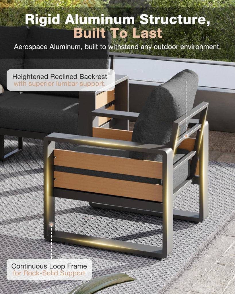 Aluminum Patio Furniture Set, 5 Seats Luxury Outdoor Sectional with 6" Olefin Fabric Cushions, Conversation Set with