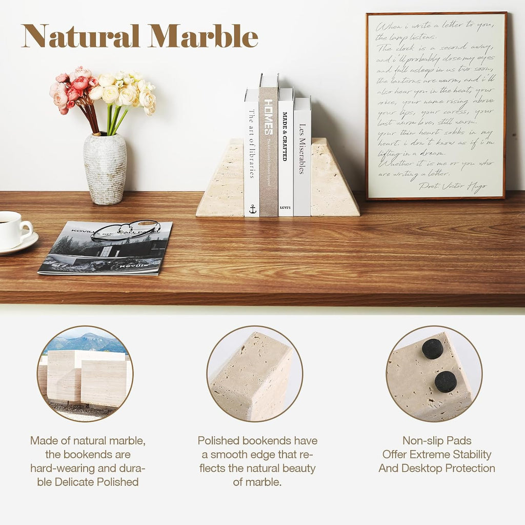 Travertine Bookends for Heavy Books, Marble Decorative Bookends for Shelves, Heavy-Duty Stone Book Ends for Hardback