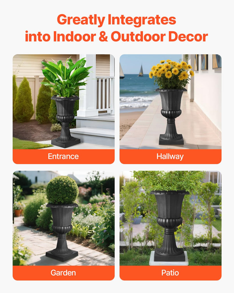 Plastic Urn Planters, 15.8 x 26.4 Inch, 2 Pack Black Classic Flower Pots Front Porch Planters, Indoor & Outdoor Vase
