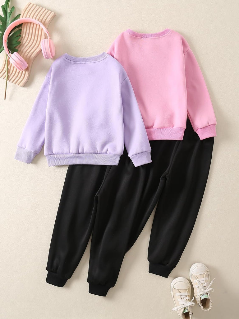 Graphic 4 Piece Outfits Heart Print Workout Hoodie and Sweatpants Fall Winter Clothing Set