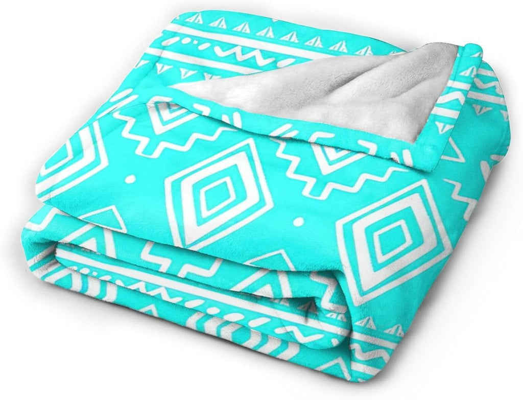 Turquoise Teal Western Boho Tribal Throw Blanket Gifts for Women, Soft Fuzzy Warm Cozy Flannel Blankets, Travel