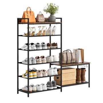 Shoe Rack Bench Storage Organizer, 6-Tier Industrial Free Standing Shoe and Boot Racks with Seat, Entrance Shoe Rack