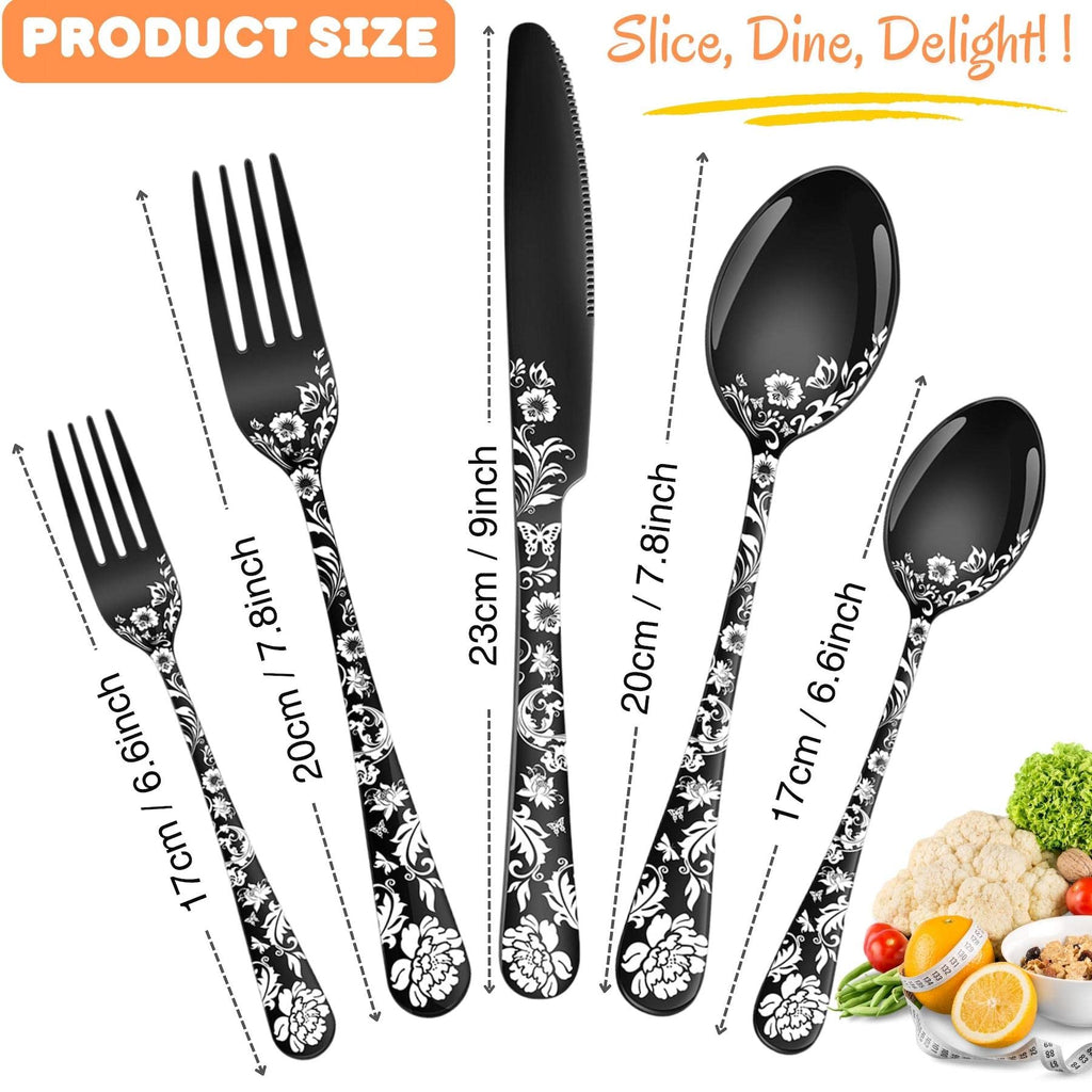 20-Piece Peony Flower Pattern Design Silverware Set, Stainless Steel Flatware Set for 4, Black Cutlery, Mirror