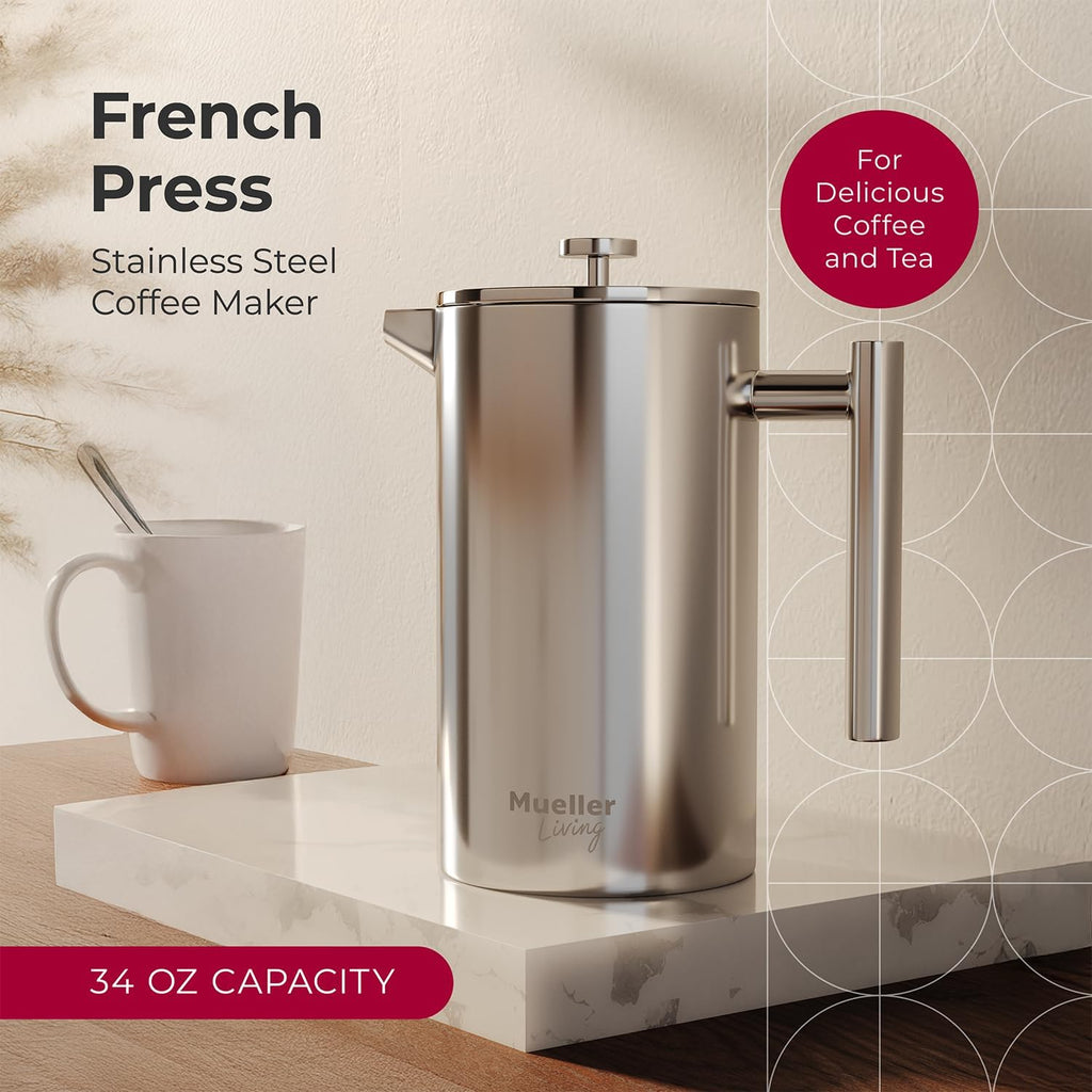 Living French Press Coffee Maker 34oz, Stainless Steel French Press Coffee, 4 Filter Heat Resistant Double Insulated