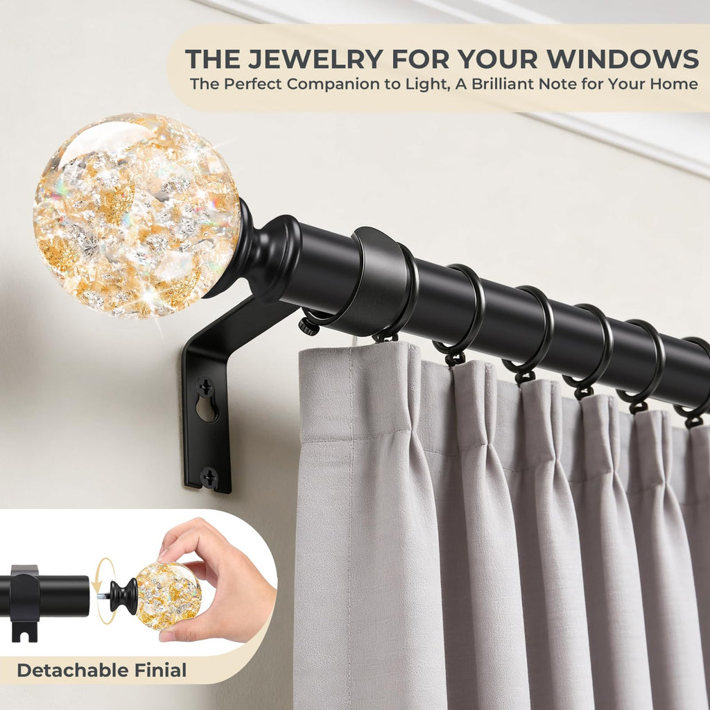 Black Decorative Crystal Curtain Rods, 1" Heavy Duty Adjustable 36-88"
