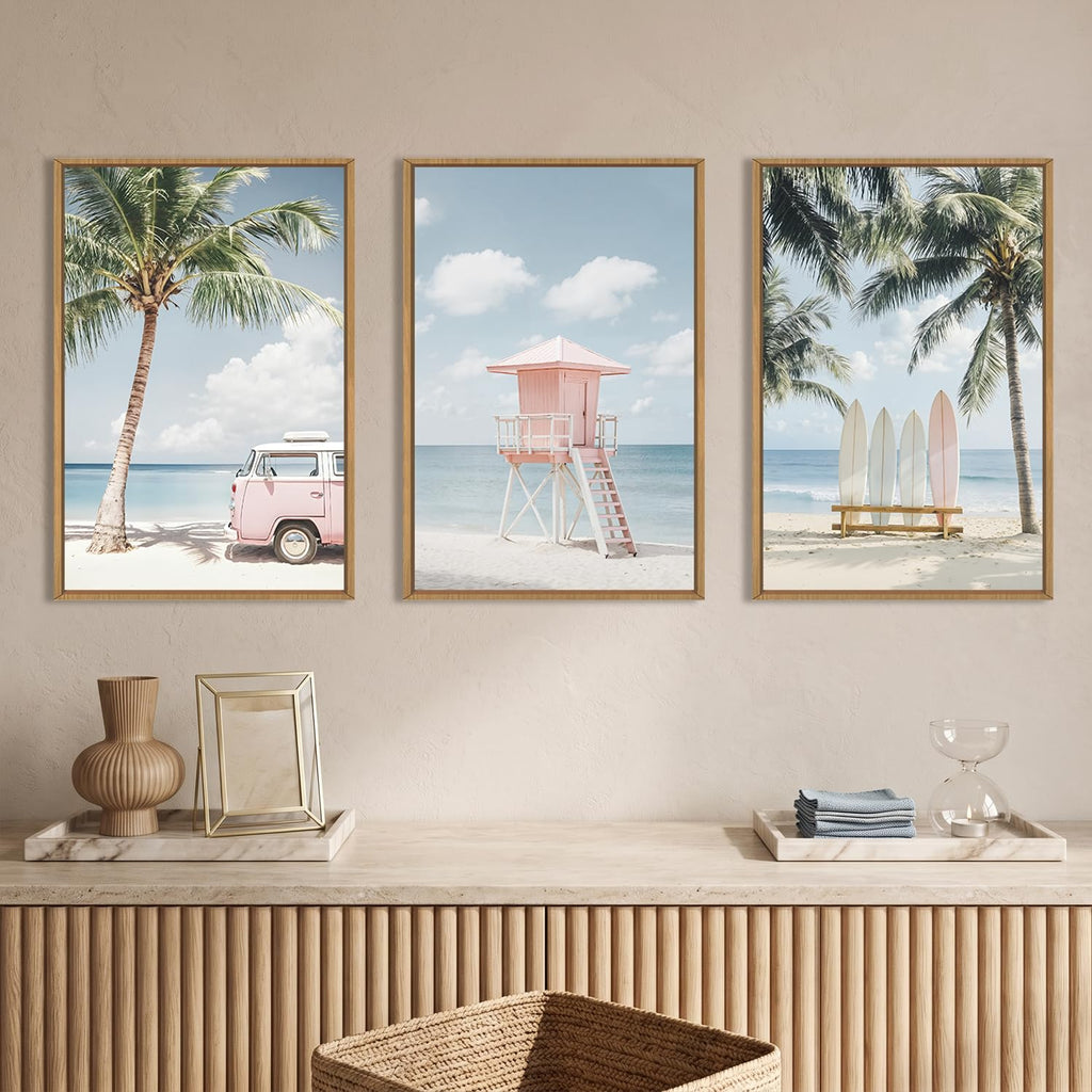 Large Beach Seascape Ocean Framed Canvas Wall Art Set, Modern Coastal Surfboard Palm Tree Wall Decor, Summer Pink Van