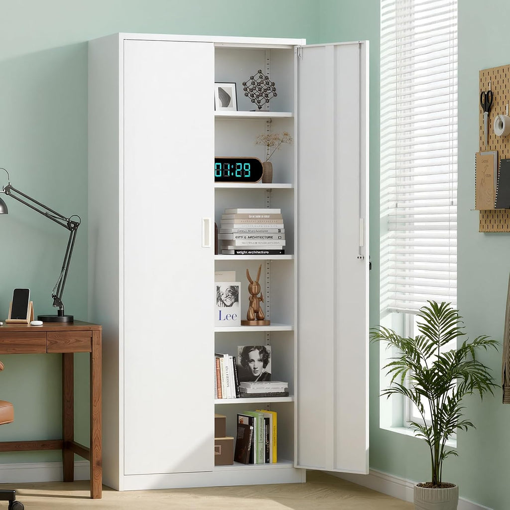 Metal Garage Storage Cabinet with 2 Doors and 5 Adjustable Shelves, 71" Tall Steel Lockable File Cabinet, Locking