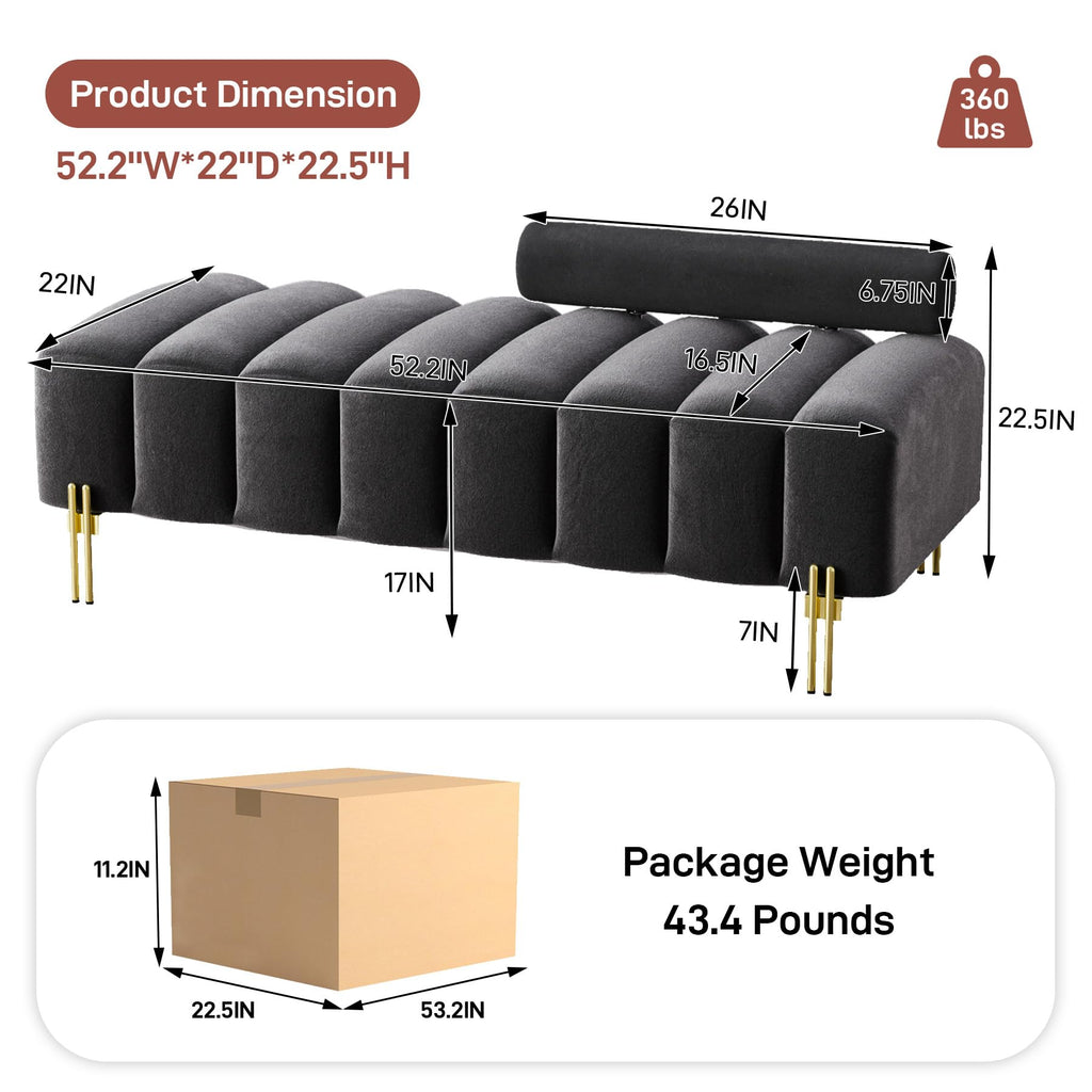 52" Velvet Bench Ottoman Bedroom Bench with Adjustable Back, Black