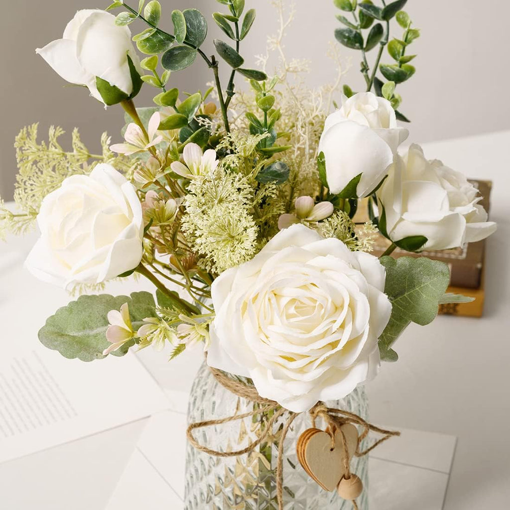 YJ Fake Flowers with Vase, Silk Roses Artificial Flowers in Vase, Faux Flower Plant Arrangement Suitable Decoration