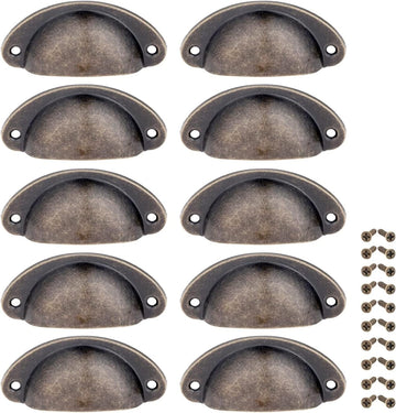 10PCS Antique Cabinet Cup Handles, Brass Drawer Pulls, Vintage Shell Shape Knobs Furniture Decoration, with Screws