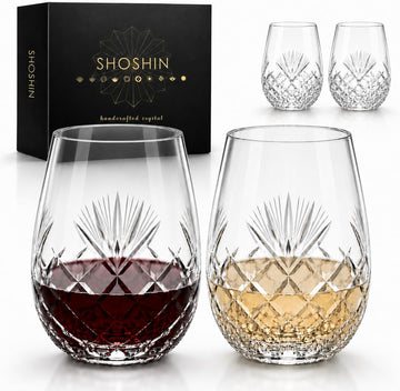 Hand Cut Stemless Wine Glass Set of 4, Large 18 oz Crystal Wine Glass, Wine Tumblers for Red and White Wine, Water