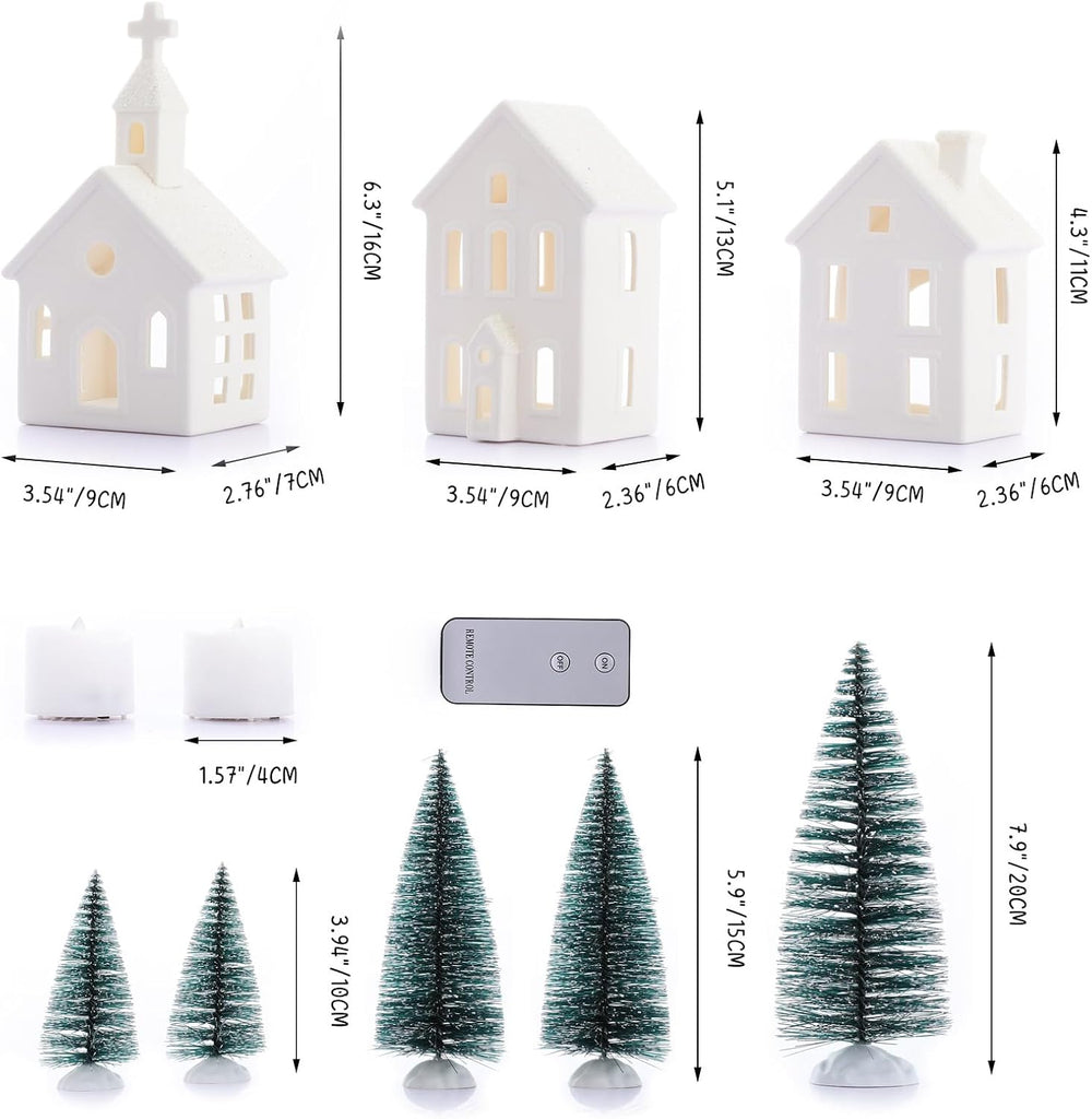 9-Piece Lighted Christmas Village Set, 4 Ceramic Houses & 5 Trees