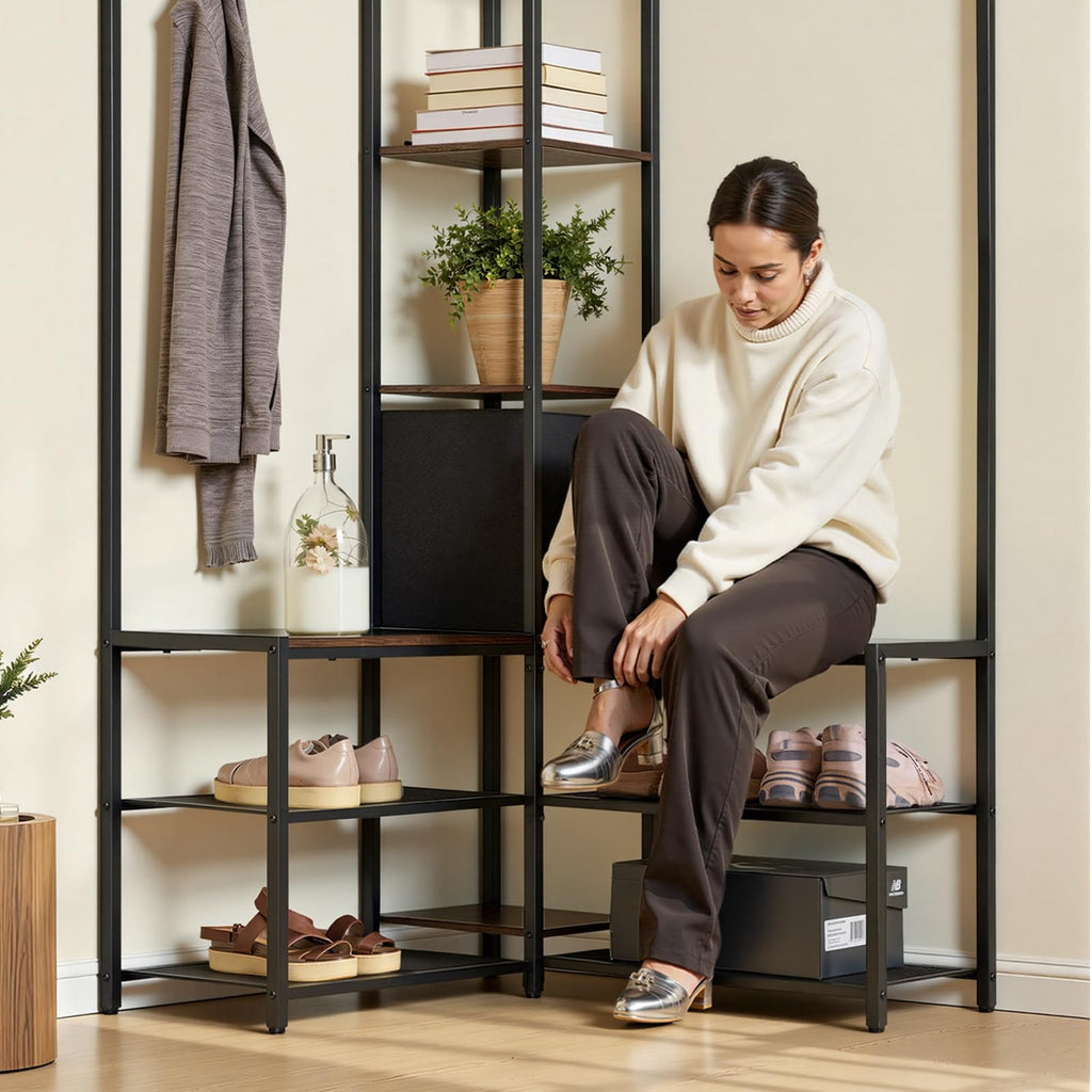 Corner Hall Tree with Shoe Bench, 70.9 in Coat Rack with Hooks and Steel Frame, Freestanding Clothes Shoes Rack