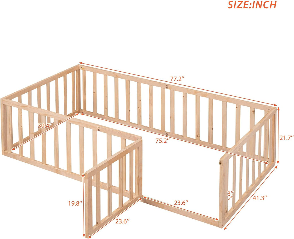 Montessori Floor Bed with 21.7" High Rails, Pine, Plywood Floor Bed with Small Door, Natural