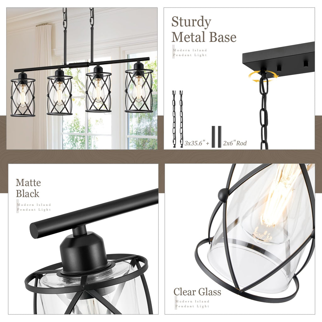 Kitchen Island Lighting, Modern Black Dining Room Light Fixtures with Clear Glass, Farmhouse Industrial
