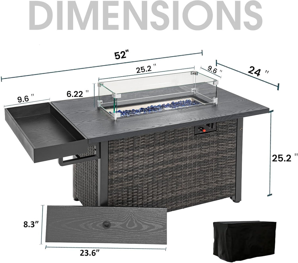 52 Inch Outdoor Fire Pit Table, 50,000 BTU Propane Fire Table with Storage Shelf, Glass Wind Guard and Lid