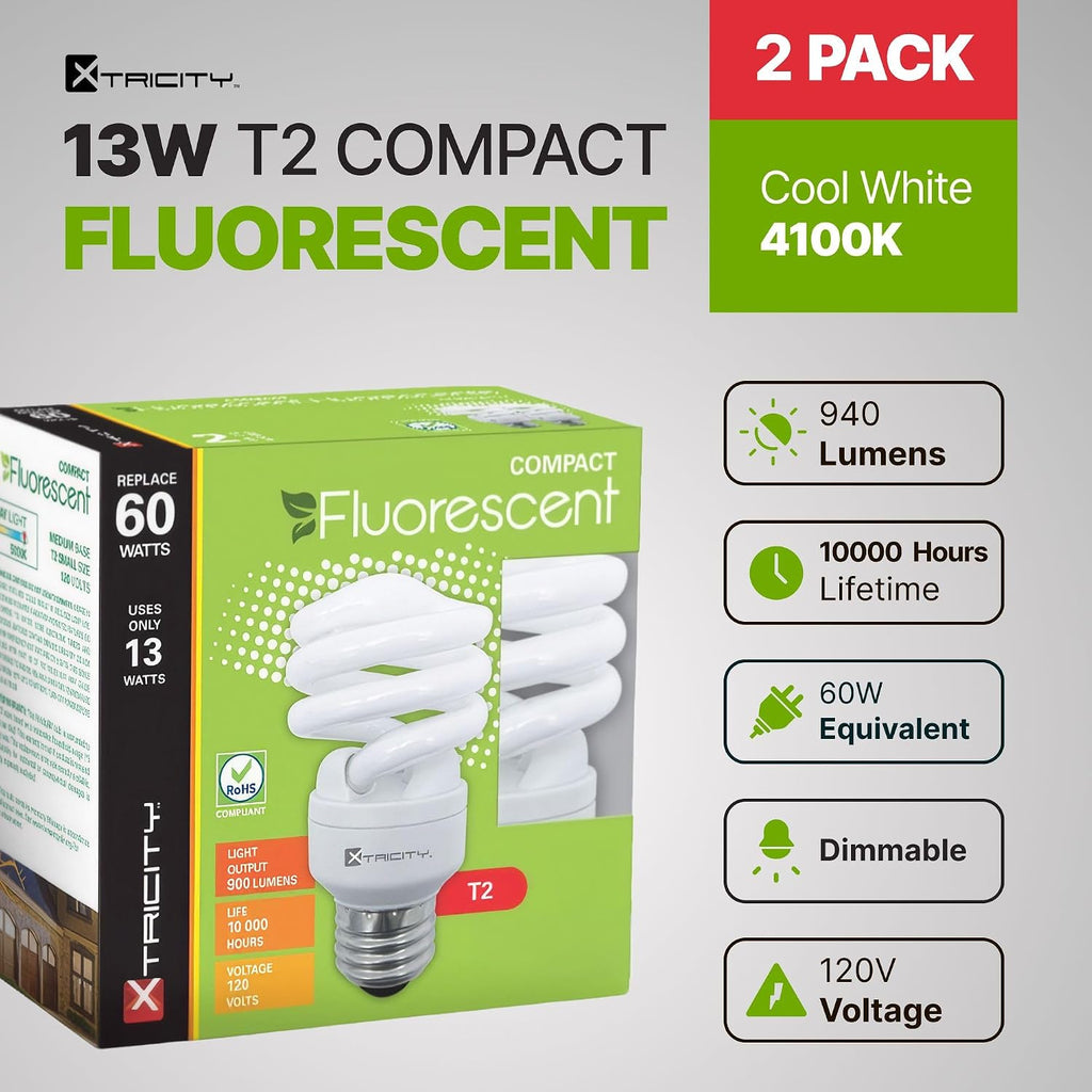 Compact Fluorescent Light Bulbs T2 Spiral, E26 Base