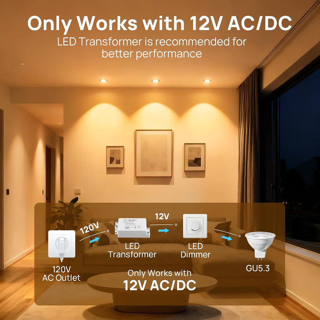 GU5.3 LED Bulb Dimmable, 5W (50W Equivalent), 2700K Soft White Light Bulb with 500lm 40° Beam Angle, 12V Low Voltage