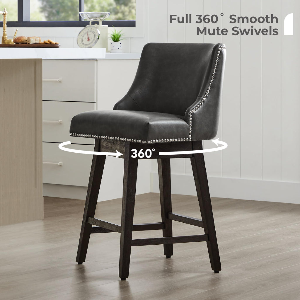 26" Counter Height Swivel Bar Stools, Retro Grey Faux Leather, 2-Pack