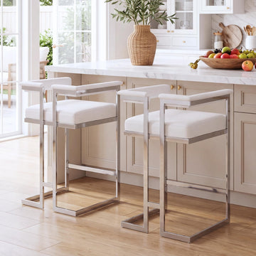 Modern 26" Bar Stools Set of 2 | Faux Leather Upholstered Counter Height Stool with Chrome Metal Frame, Kitchen Bar