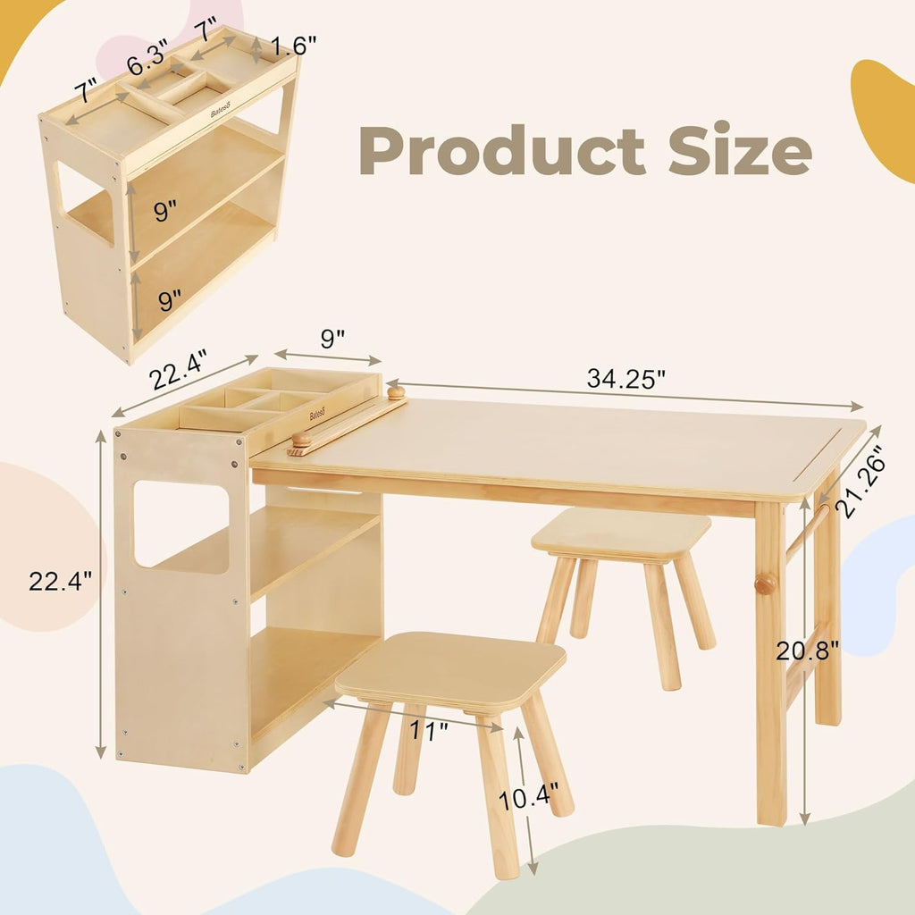 Kids Art Table and 2 Chairs Set with Roll Paper & Storage, Wooden Kid Craft Table for Drawing, Learning and Reading