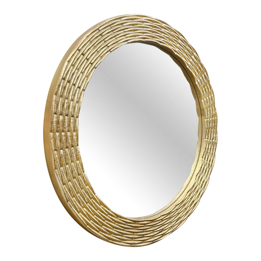 Gold Round Wood Wall Mount Mirror, 24 Inch Hand Carved Solid Wood Frame Circle Mirror, Farmhouse Boho Decor